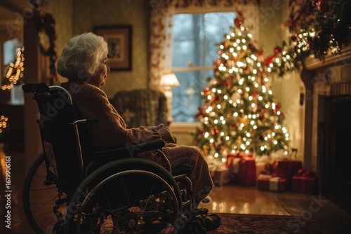 Senior woman in a wheelchair receiving a health visit at home during the Christmas season, emphasizing the care and support elderly individuals receive during the holidays, Generative AI