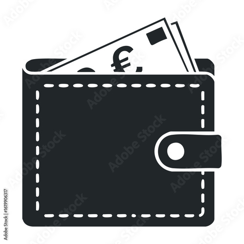 Black wallet icon with euro currency symbol and banknotes vector illustration. Vector illustration