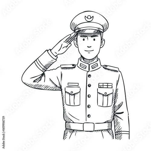 Male soldier saluting in uniform drawing with cap and medals. Vector illustration