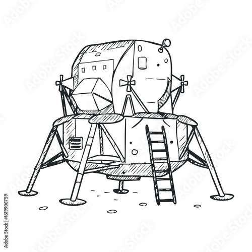 Hand-drawn lunar lander sketch with ladder and antennae in black and white line art. Vector illustration