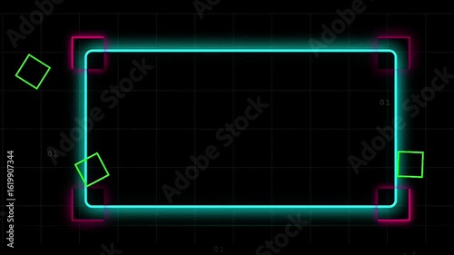 Neon Scanner Frame Animation with Glowing Corners and Moving Grid Boxes on Dark Background
