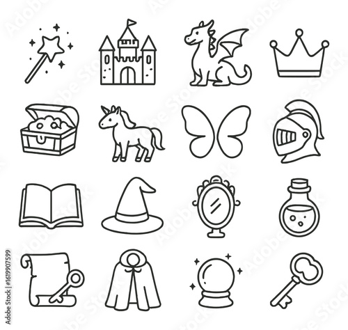 Collection of fantasy icon illustrations featuring castles, dragons, and magic symbols