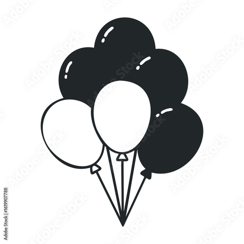 Black and white balloons floating in a cluster on a white background. Vector illustration