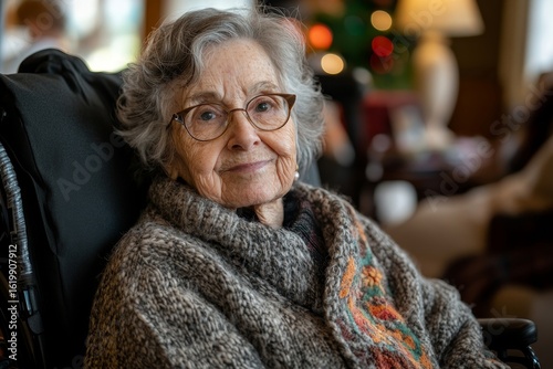 Senior woman in a wheelchair receiving a health visit at home during the Christmas season, emphasizing the care and support elderly individuals receive during the holidays, Generative AI