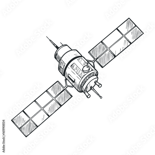 Detailed line drawing of a space satellite with solar panels in orbit. Vector illustration