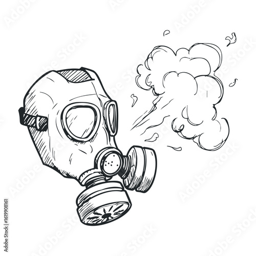 Detailed sketch of a gas mask with vapor trail. Vector illustration
