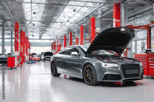 Car repair shop, a gray car with an open hood on the right side of an automotive workshop in a modern style with red pillars, cars standing at their stations for servicing. The background is blurred.