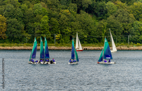 Aarhus, Denmark – August 19, 2021: Sailgp racing in the harbor of Aarhus in Denmark