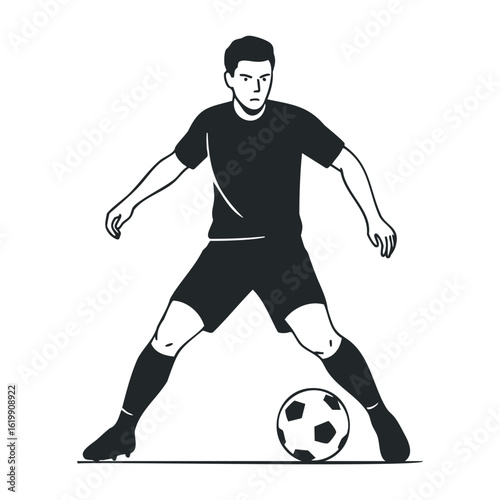 Male caucasian young adult soccer player dribbling ball illustration. Vector illustration