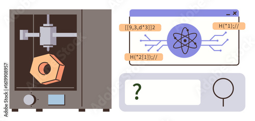 3D printer crafting a hexagonal part beside a screen with atomic diagram, coding strings, and magnifying tool. Ideal for technology, AI, research, engineering, design, data analysis simple landing