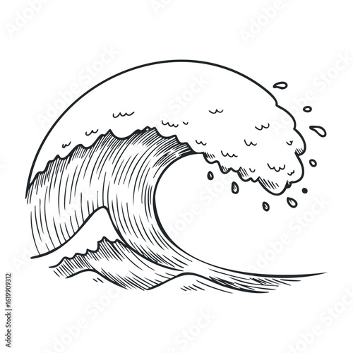 Black and white drawing of ocean wave with splashing water droplets. Vector illustration