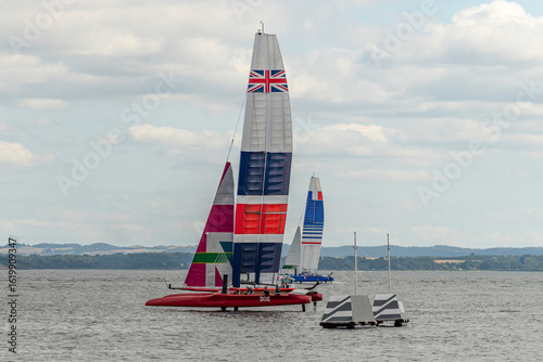 Aarhus, Denmark – August 19, 2021: Sailgp racing in the harbor of Aarhus in Denmark