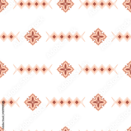 Vector seamless pattern with horizontal diamond stripes and floral tile motifs in terracotta and light pink colors. Suitable for fabric, wallpaper, digital paper, packaging.