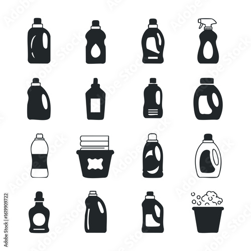 Assorted detergent and cleaning bottles in black and white silhouette icons. Vector illustration