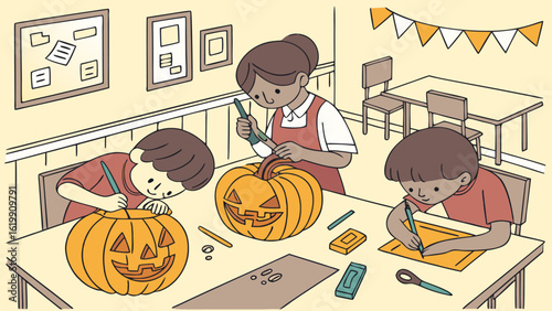 A teacher and two children are happily carving pumpkins together in a classroom setting preparing for halloween festivities and creative autumn activities