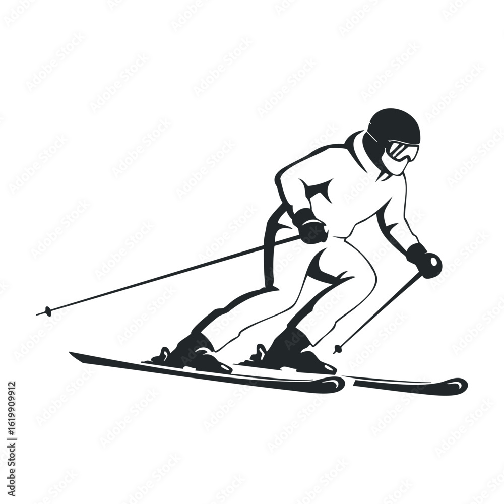 Asian male adult alpine skier skiing on slopes in monochrome silhouette clipart style. Vector illustration Asian male adult alpine skier skiing on slopes in monochrome silhouette clipart style. Vector illustration