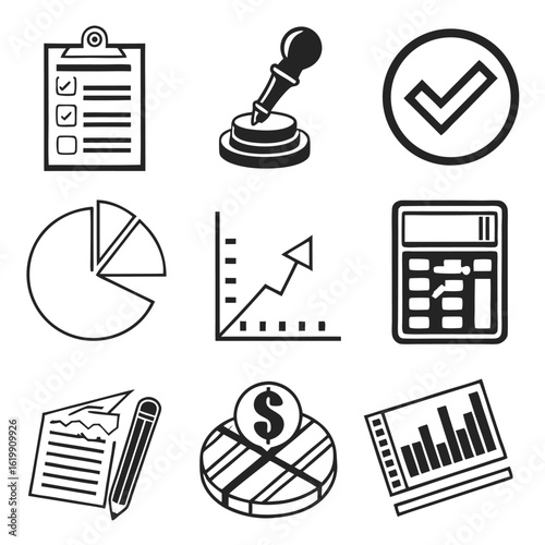 Icon Set Vector of Business Finance Elements and Report Charts in Modern Line Art Style