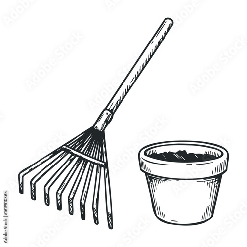Garden rake and pot sketch: essential gardening tools illustrated in black and white. Vector illustration