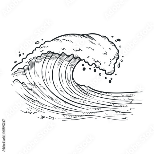 Black and white ocean wave line drawing with dynamic curl and sea details. Vector illustration