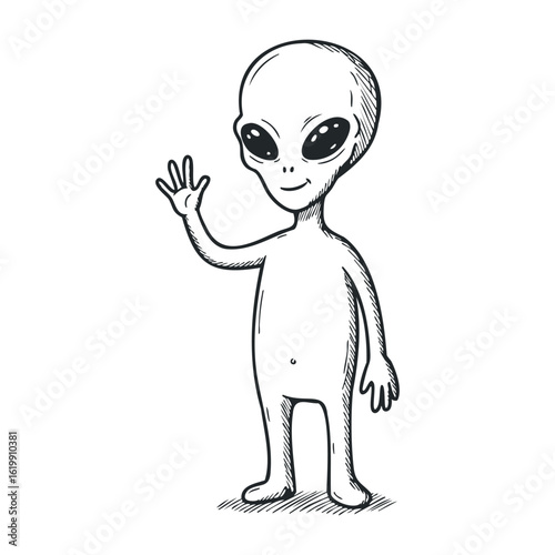 Cartoon alien with big eyes waving hand. Vector illustration