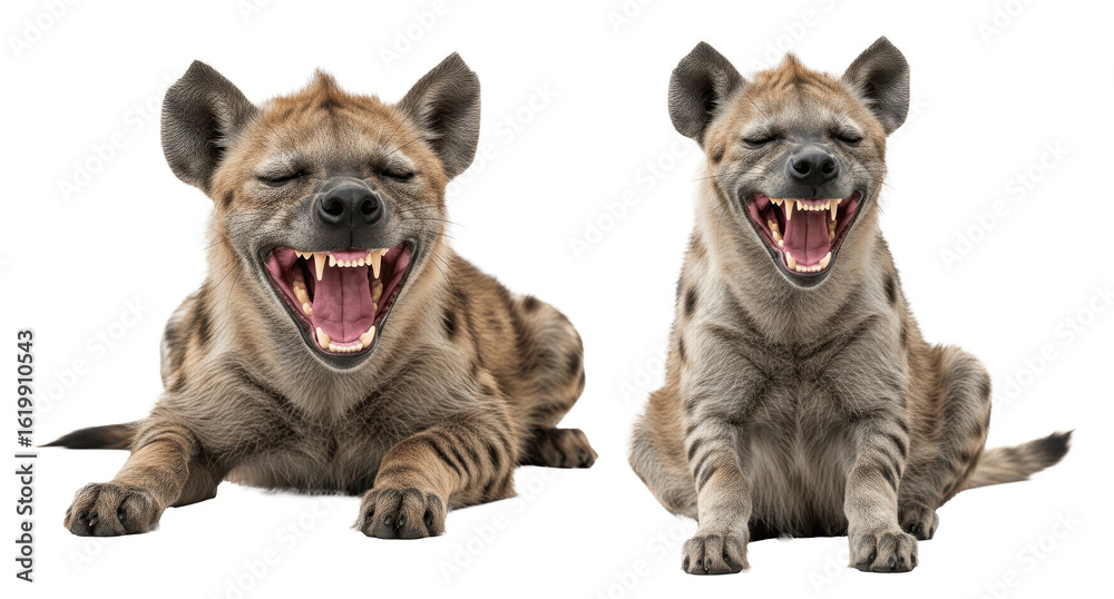 Obraz premium Two Laughing Spotted Hyenas with Open Mouths and Teeth Isolated on Transparent Background