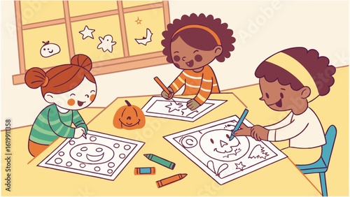 Three diverse children happily coloring halloween themed pictures at a table surrounded by crayons and a festive pumpkin decoration