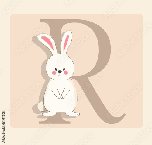 Cute bunny next to letter R illustration on light peach background