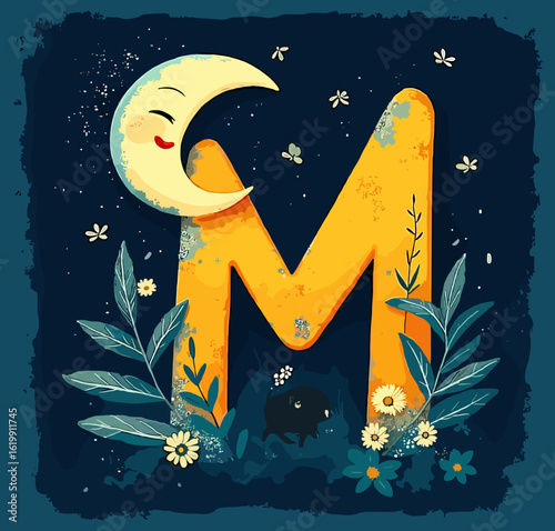 Whimsical letter M with crescent moon and flowers illustration on dark blue background