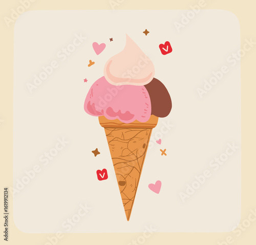 An ice cream cone topped with three scoops of different flavors and surrounded by hearts