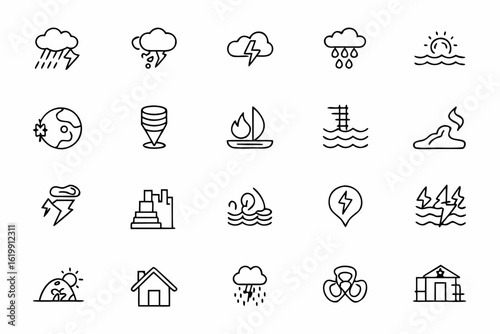 A dramatic icon bundle illustrating the destructive events related to climate change. Best for emergency preparedness guides, news infographics, and educational platforms
