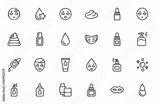 A fresh and minimal collection of line icons illustrating every step of a daily skin care regimen. Ideal for beauty blogs, cosmetic brands, routine planners, and e-commerce packaging