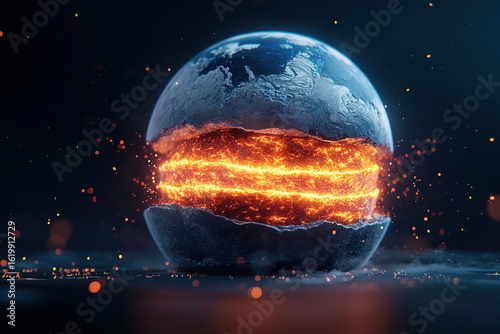 Cross section of futuristic Earth reveals glowing geothermal layers, emitting sparks and energy in dark, atmospheric setting
