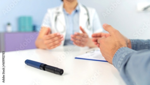 Doctor Explains Treatment Plan with Patient, Insulin Pen on Table