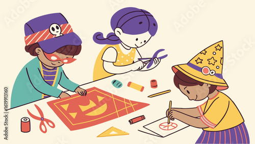 Three diverse children happily engaged in crafting halloween decorations showcasing creativity and festive spirit with art supplies spread across a table