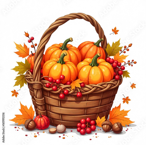 Wallpaper Mural 
Brown basket with autumn goodies pumpkins, autumn leaves and berries Torontodigital.ca