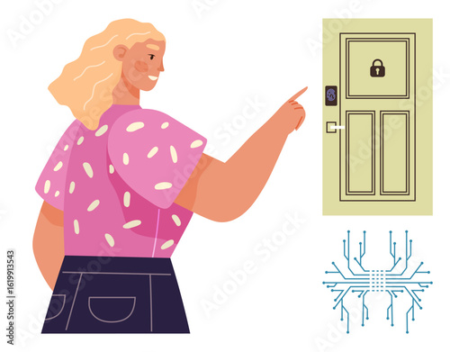 Woman activates digital door lock with fingerprint. Circuit pattern symbolizes technology. Ideal for security, smart home, digital access, innovation, biometric authentication, privacy, simple