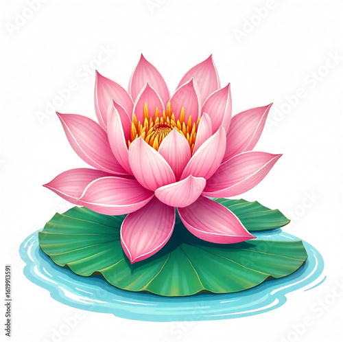 Pink water lily with leaves