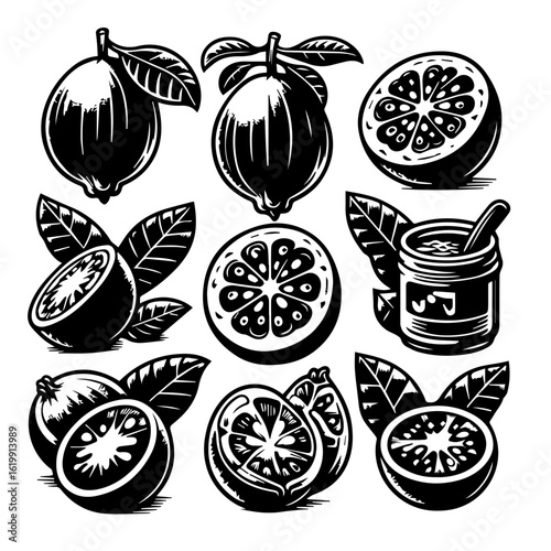 Illustration of various guavas with leaves in a black and white woodcut style arrangement of fruits