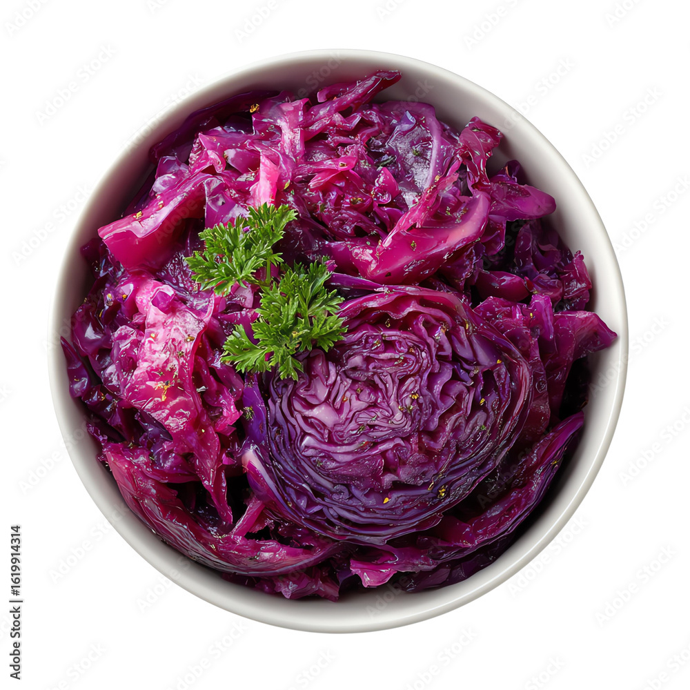 Obraz premium Freshly prepared purple cabbage salad garnished with parsley in a clean white bowl.