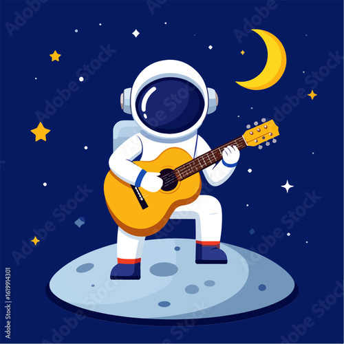 An astronaut serenades the cosmos with an acoustic guitar while kneeling on the moon under the crescent moon and stars in this charming cartoon illustration.