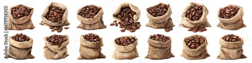 Set watercolor roasted coffee beans in burlap bags sacks isolated on transparent background