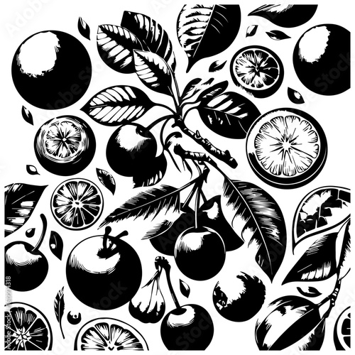 Black and white illustration of fruit including cherries oranges apples and leaves in a seamless pattern