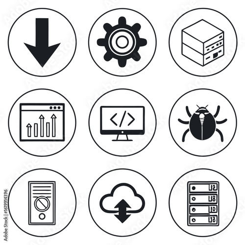 Icon Set Vector featuring Technology Elements Circles Gear Download Cloud Server Computer Screen Modern Style