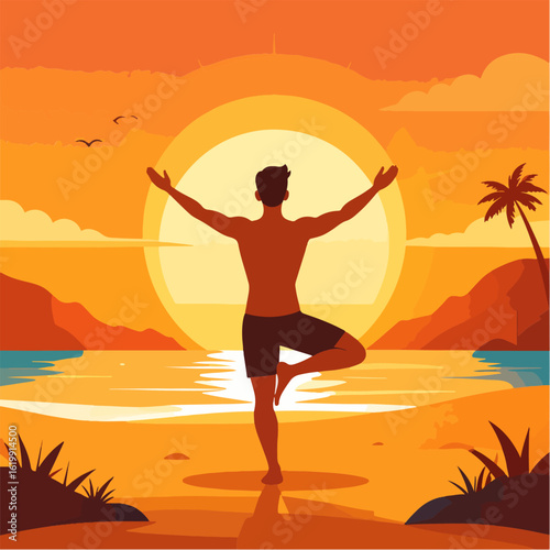 A man is meditating on a tropical beach at sunset, with arms outstretched and standing in a tree pose to find inner peace and connect with nature in a serene landscape.