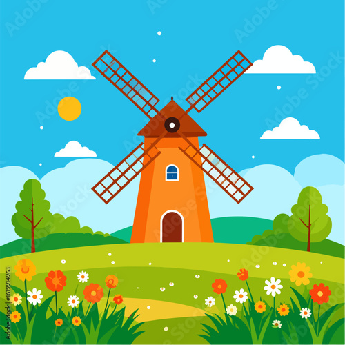 Cartoon illustration featuring a windmill on a green hill filled with flowers under a blue sky with clouds and sun, representing a charming countryside landscape.