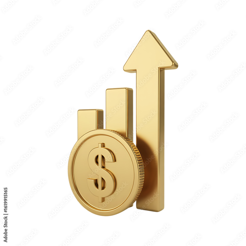 3D rendering of a golden upward arrow, bar graph, and dollar coin symbolizing financial growth, investment success, and economic prosperity.