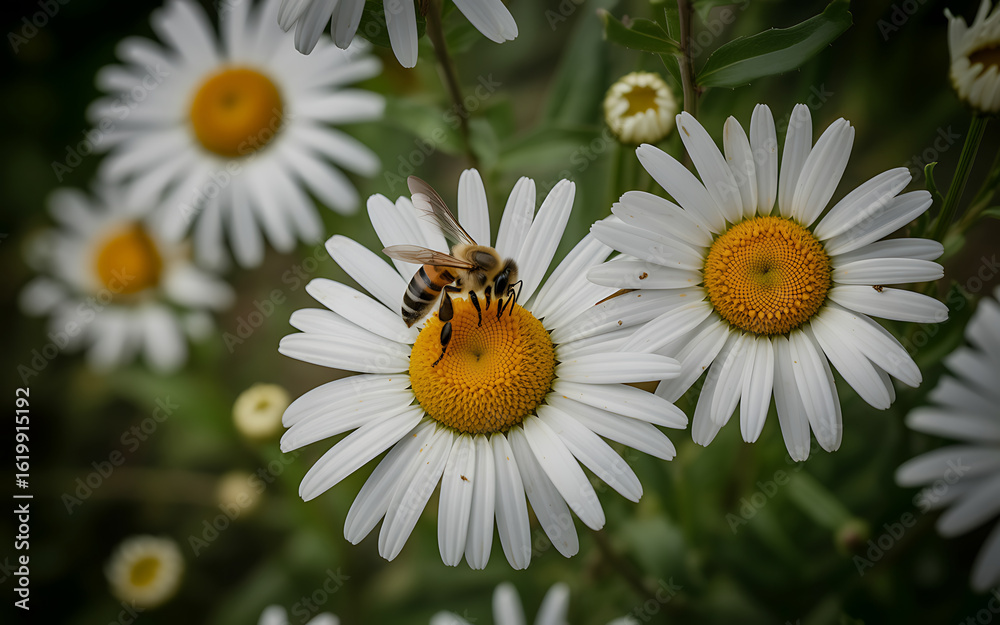 Obraz premium Vector art of closeup of a bee on a daisy flower in a garden, surrounded by other daisies