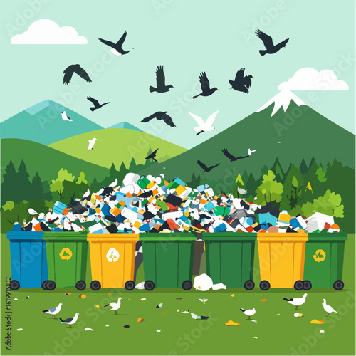 Vector illustration of overflowing colorful recycling bins in a scenic landscape, depicting issues with waste management and environmental pollution.