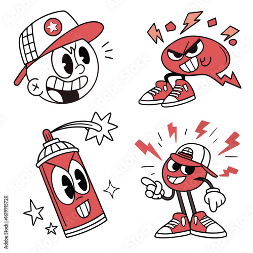 Minimilist four cartoon characters with red accents including a face, speech bubble, spray can, and figure with cap vector