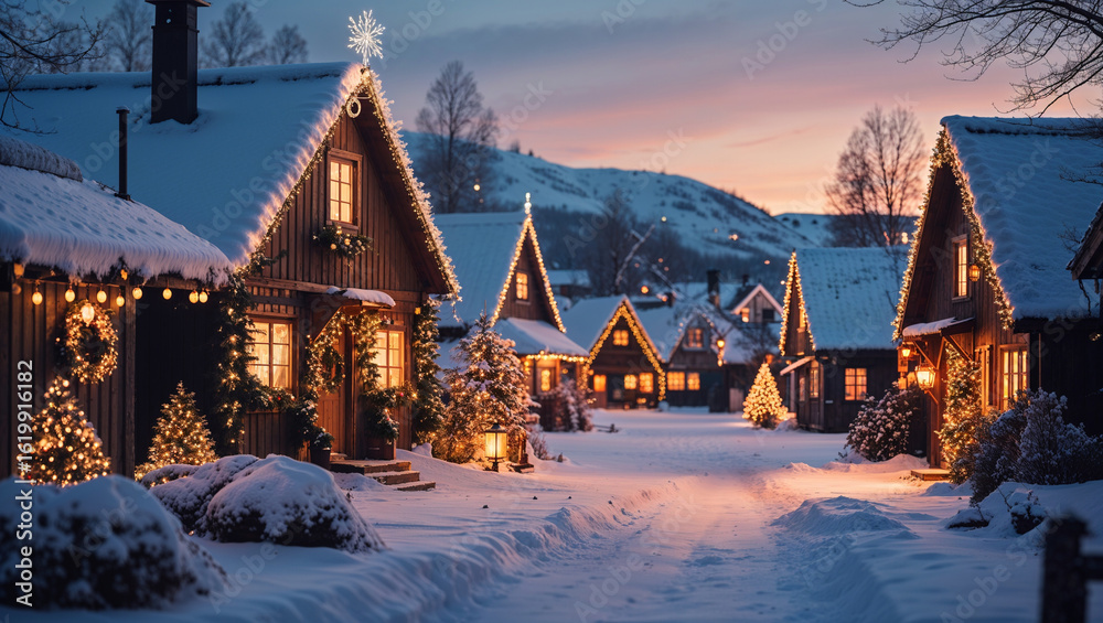 Fototapeta premium Snowy Christmas Village Street at Dusk with Holiday Lights